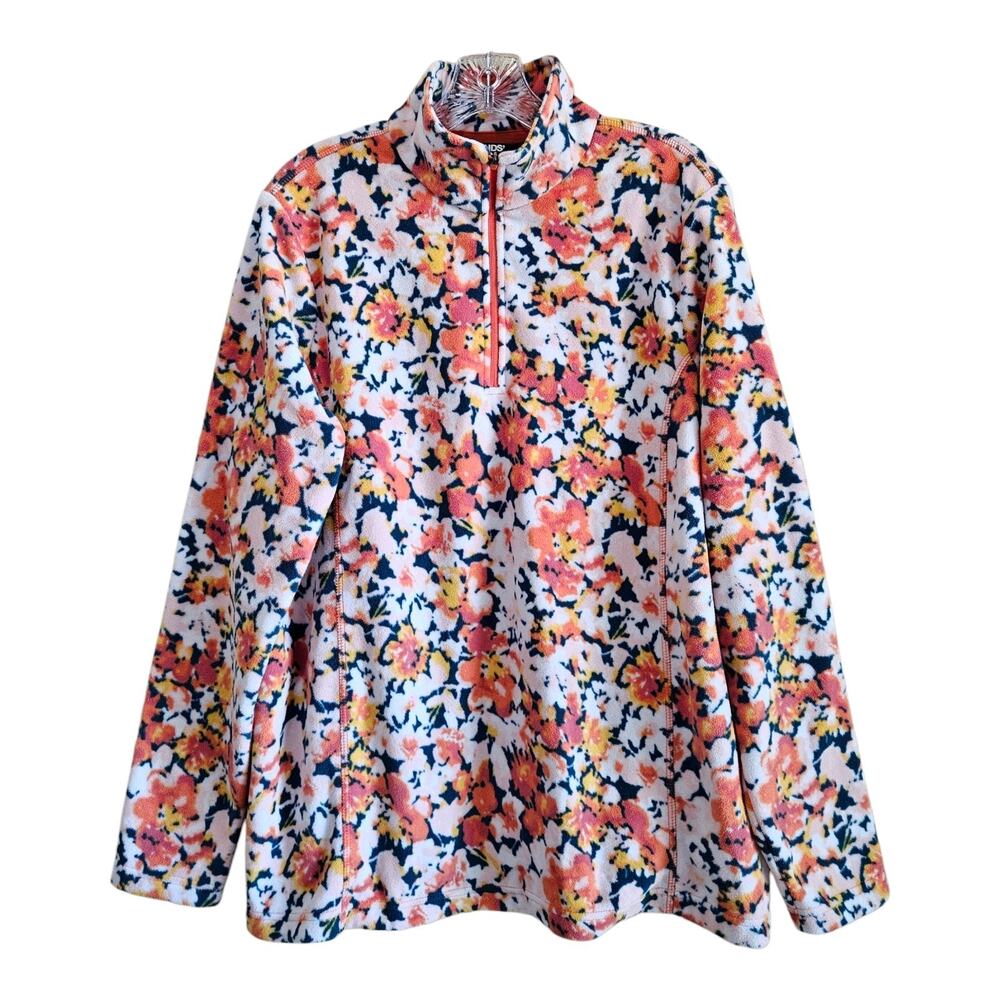 LANDS END Women's Tall L LT Fleece 1/4 Zip Top Floral Orange Green Soft 42"